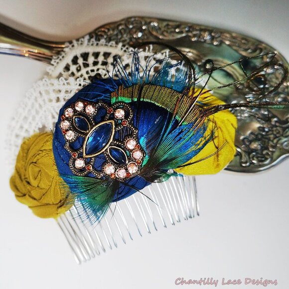 Peacock Vintage Inspired Green and Blue Lace Hair Small Flower Clip Fascinator - Picture 3 of 4